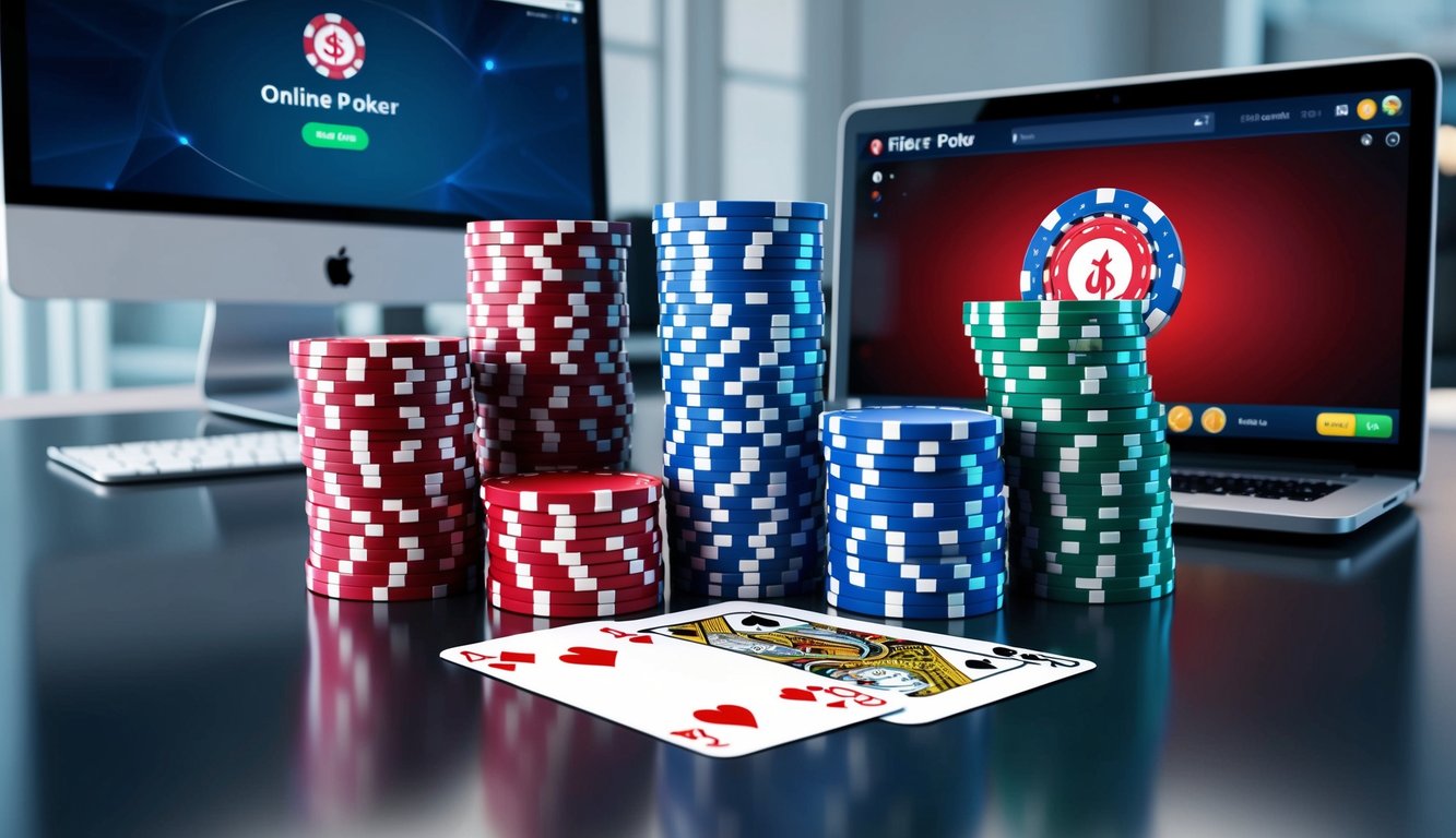 Sekelompok chip poker dan kartu yang disusun di atas meja modern yang ramping. Layar komputer di latar belakang menampilkan antarmuka permainan poker online.