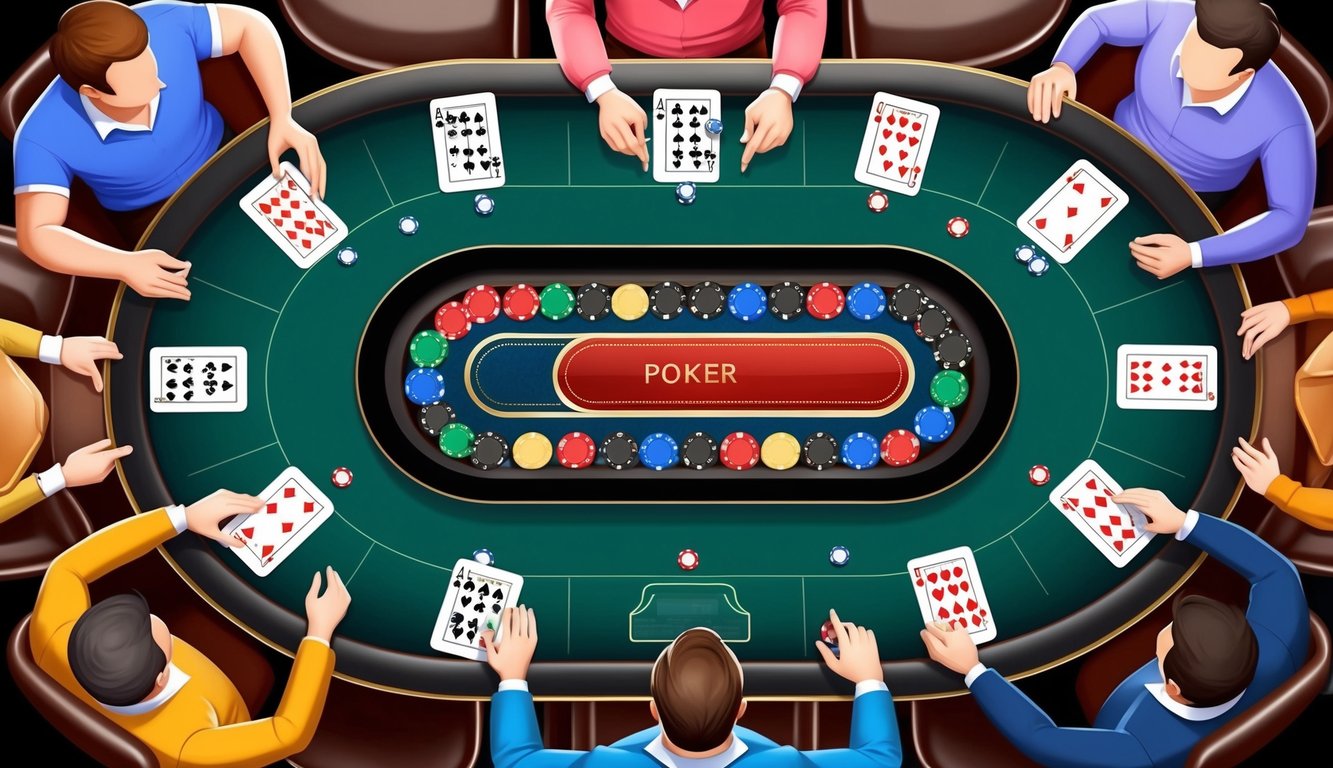 Sekelompok meja poker virtual dengan chip dan kartu berwarna-warni, dikelilingi oleh pemain dalam permainan poker online