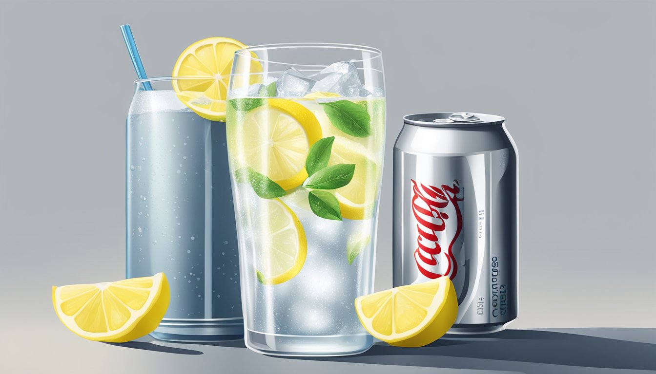 A glass of sparkling water with lemon slices next to a can of Diet Coke