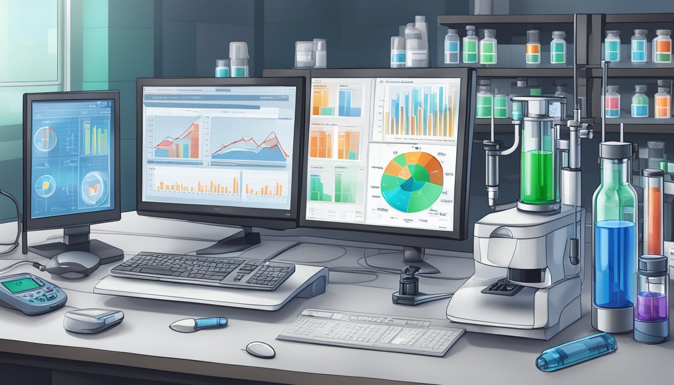 A laboratory setup with test tubes, a microscope, and a computer displaying graphs of insulin and blood sugar levels