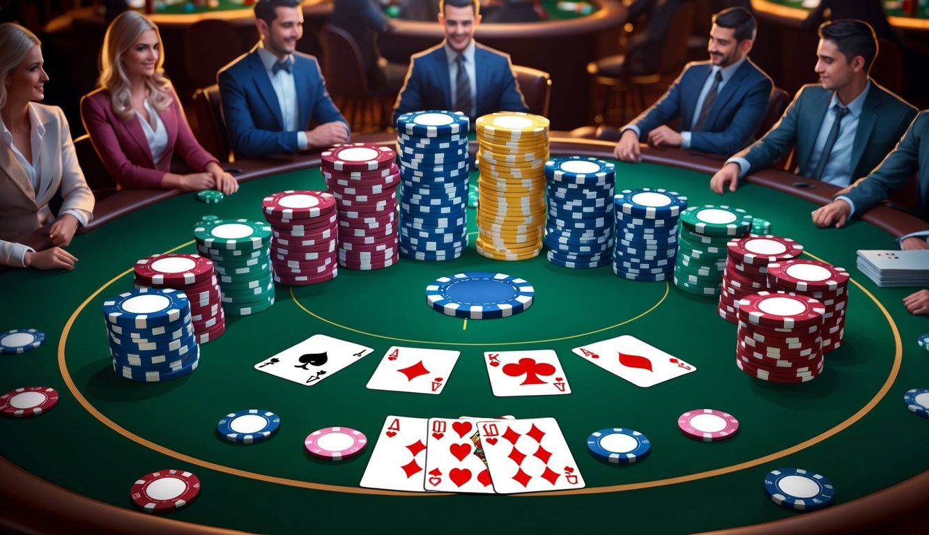 Sekelompok chip poker dan kartu bermain yang disusun di atas meja felt hijau, dikelilingi oleh pemain di kasino yang diterangi redup.