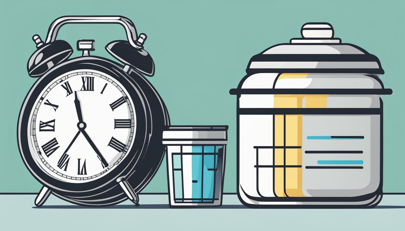 A clock showing a specific fasting window with a container of creatine next to it, symbolizing the question of whether creatine breaks intermittent fasting