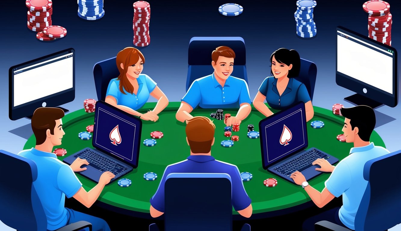 Sekelompok pemain poker bersaing secara online, dikelilingi oleh layar komputer dan chip virtual