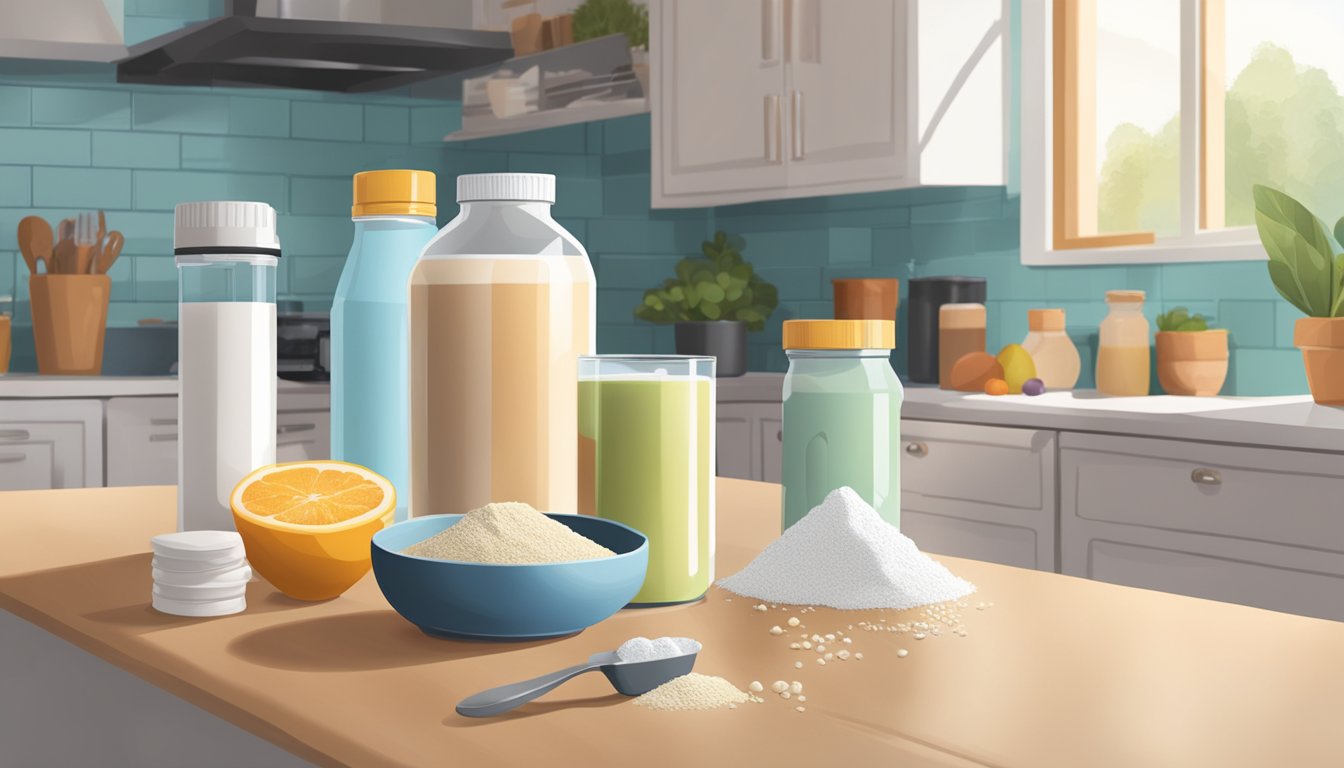 A person preparing a protein shake with a scoop of creatine powder and various supplements on a kitchen counter