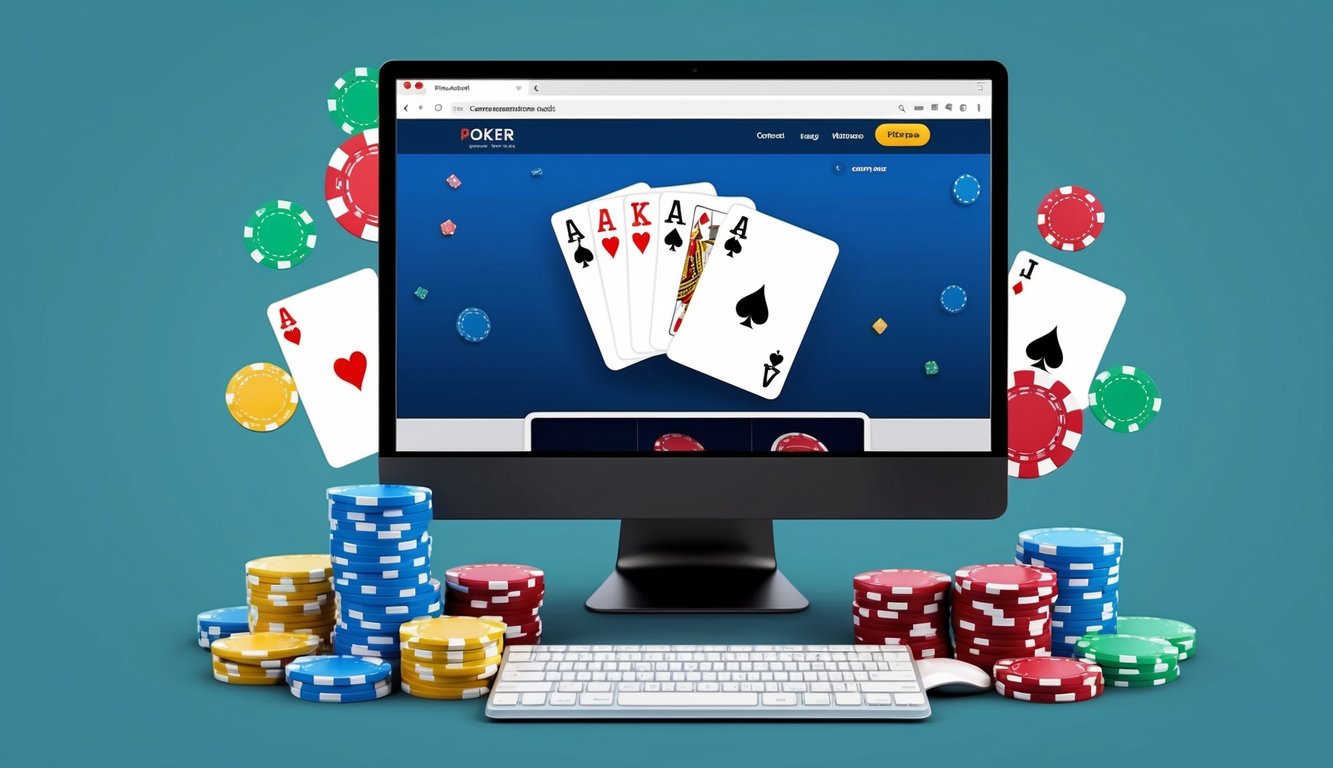 Sebuah layar komputer dengan situs web poker terbuka, dikelilingi oleh chip dan kartu berwarna-warni