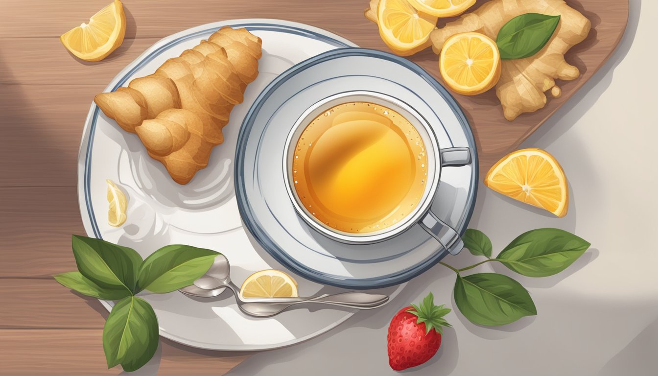 A steaming cup of ginger tea sits on a table next to a clock showing the time for breaking the fast. A plate of fresh fruit is nearby, tempting but untouched