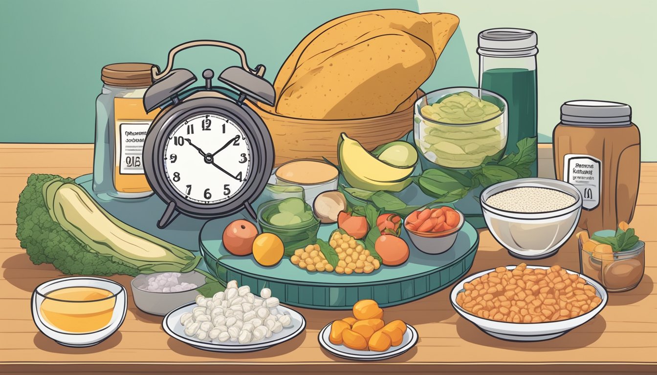 A table with various foods and supplements, including collagen alternatives, set against a backdrop of a clock indicating fasting time