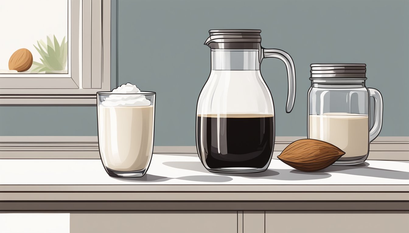 A glass of black coffee sits next to a jug of almond milk and a jar of coconut cream on a clean, minimalist kitchen counter