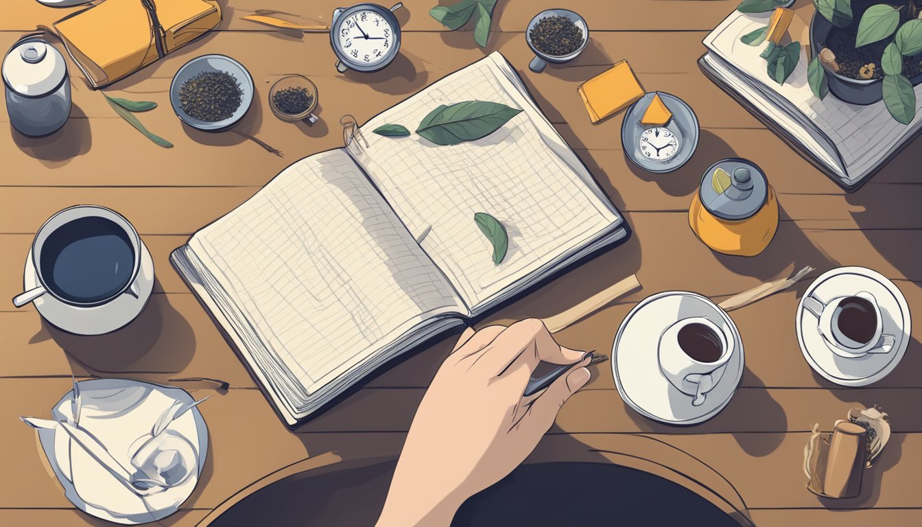 A person sitting at a table with various types of tea in front of them, a clock in the background indicating the time, and a notebook open to a page about intermittent fasting