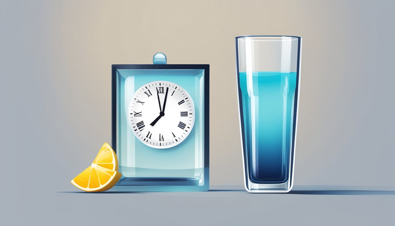 A glass of half full and half empty liquid sits next to a clock showing different times, symbolizing the concept of intermittent fasting