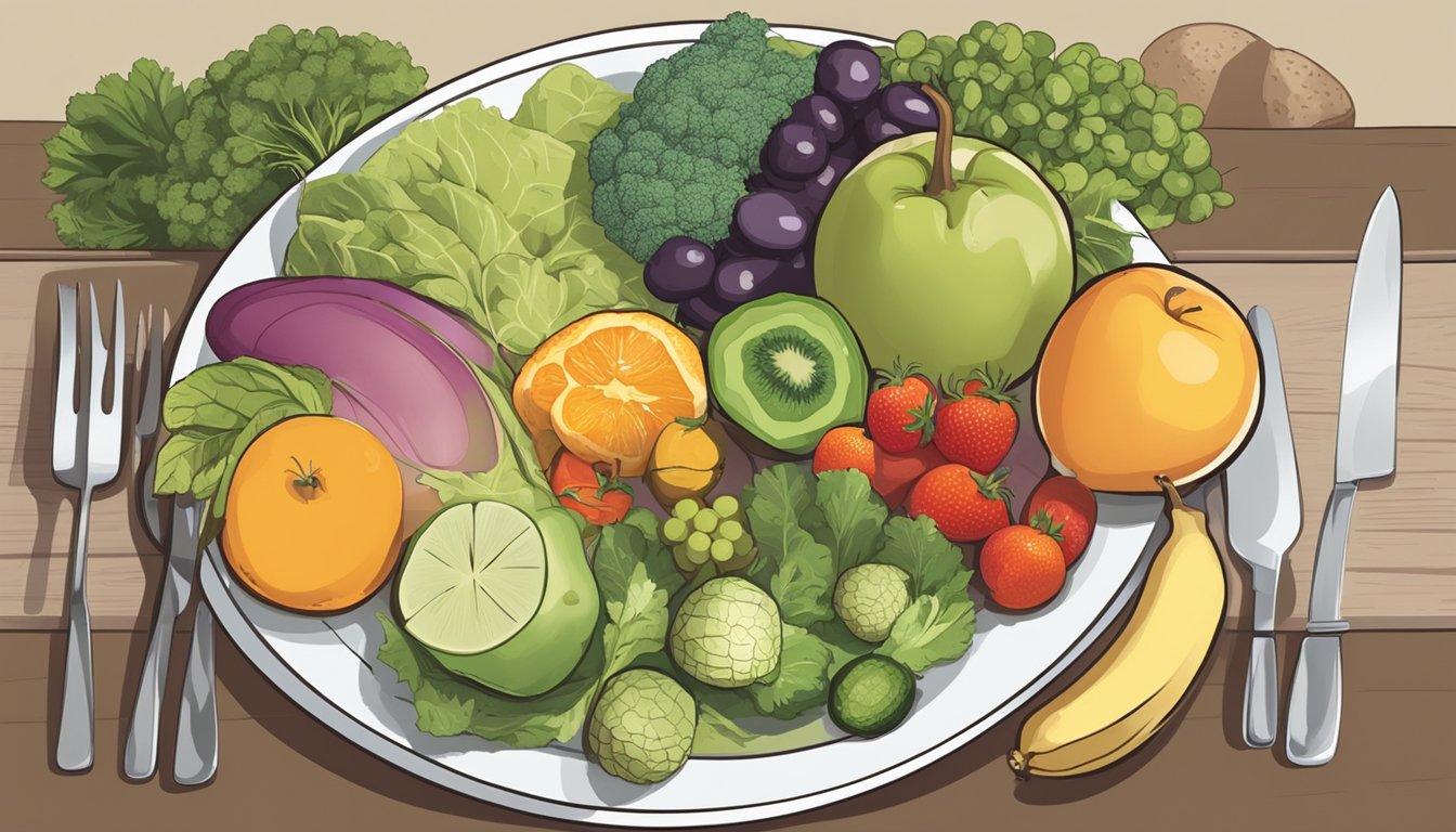 A table with a plate of fruits and vegetables on one side, and a plate of protein and healthy fats on the other. A clock shows a 12-hour window for eating