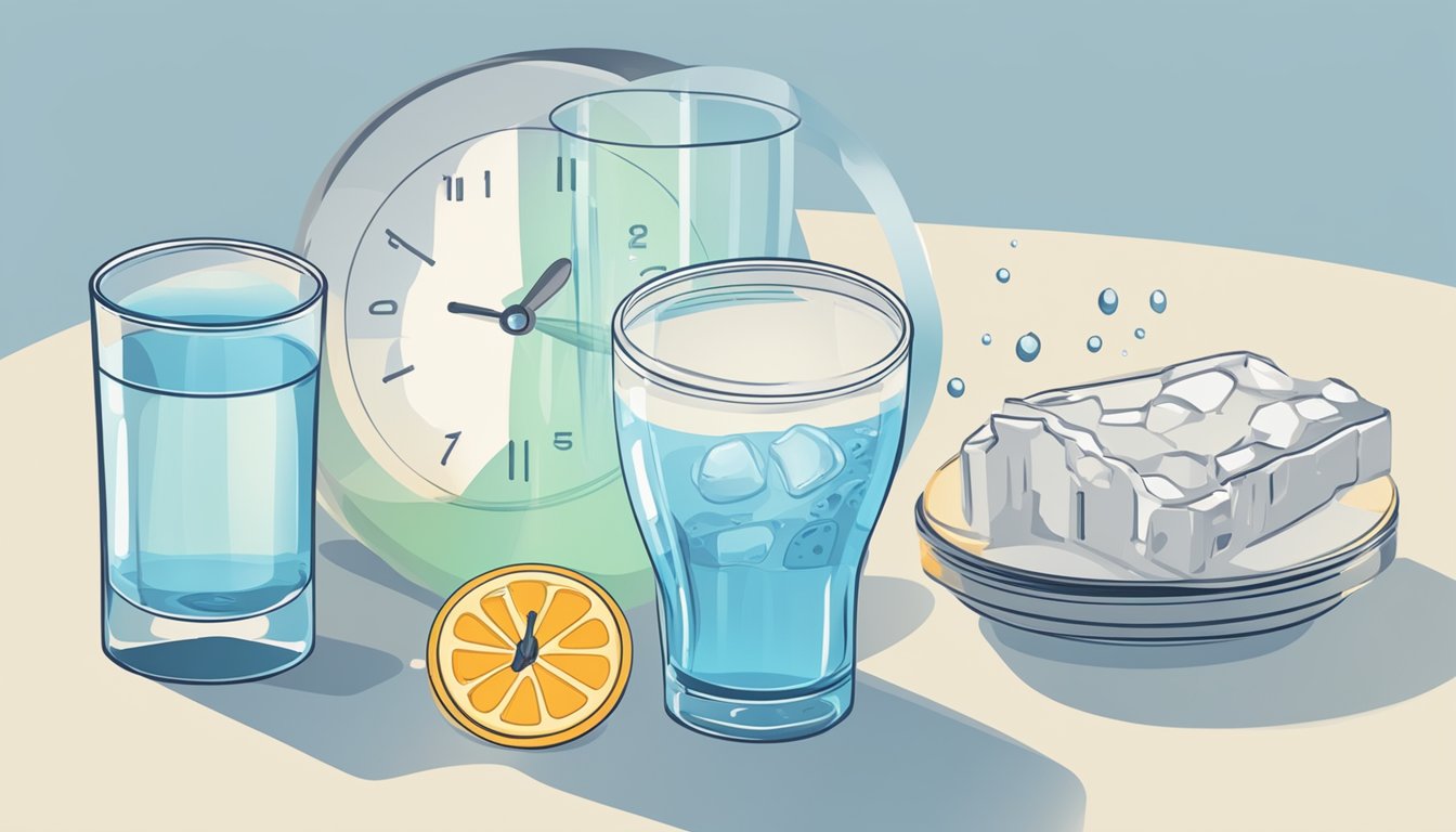 A glass of water and a clock showing the time split between the fasting and eating periods for intermittent fasting