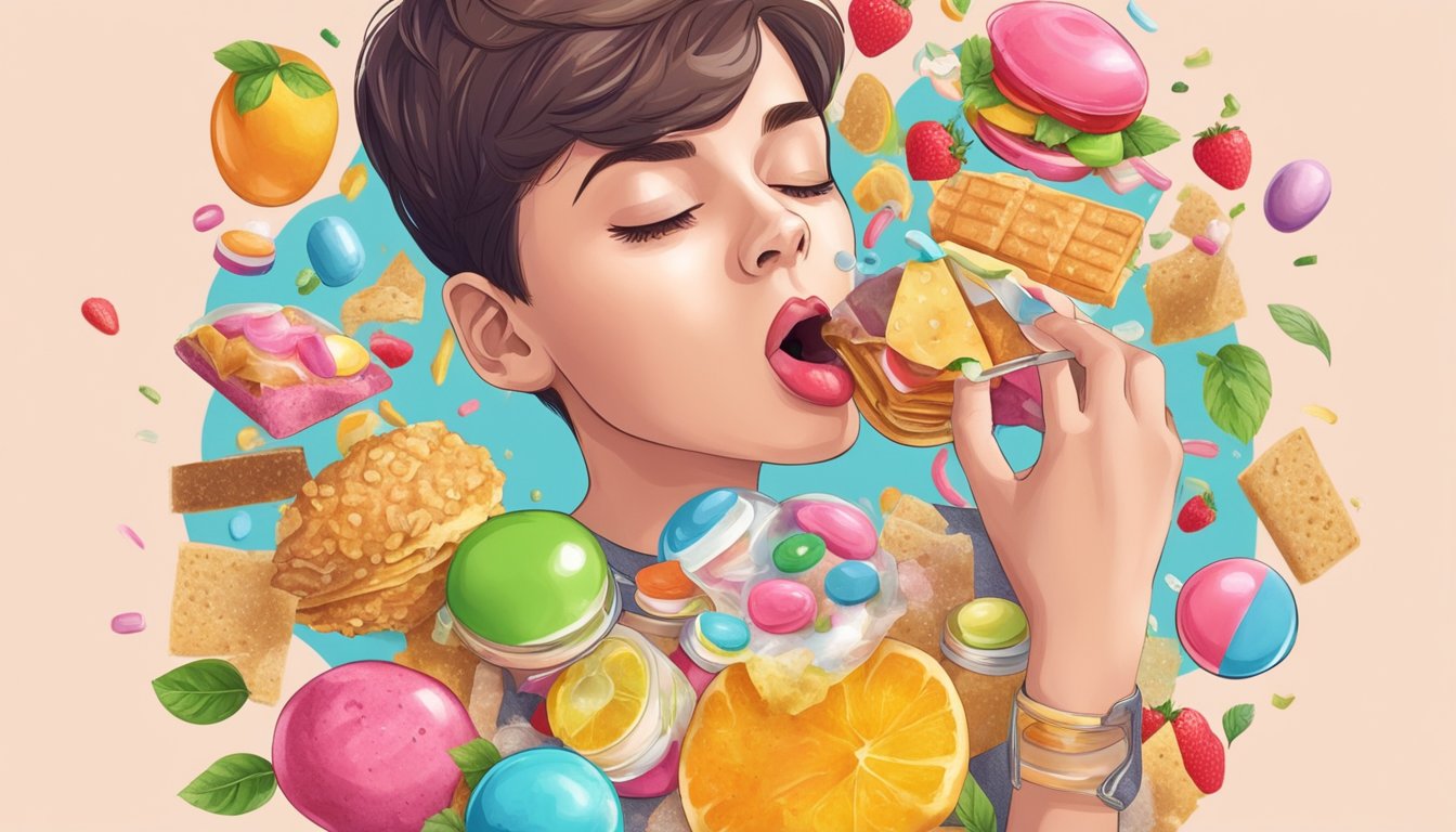 A person chewing gum while surrounded by tempting food