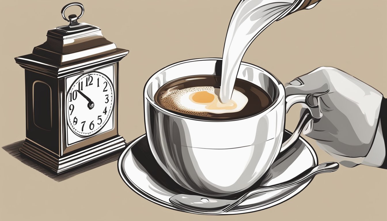 A person pouring half milk and half coffee into a cup, with a clock in the background showing different times for eating and fasting