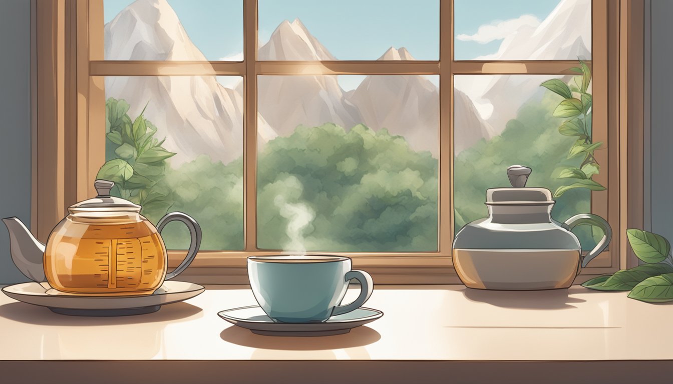 A steaming cup of tea sits on a table beside a clock showing a 16-hour fasting window. Nutrient-rich ingredients surround the scene