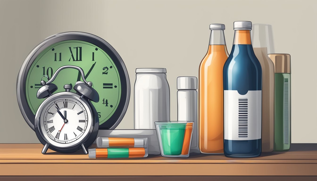 A clock showing no food or drink for 16 hours, with a bottle of ibuprofen next to it