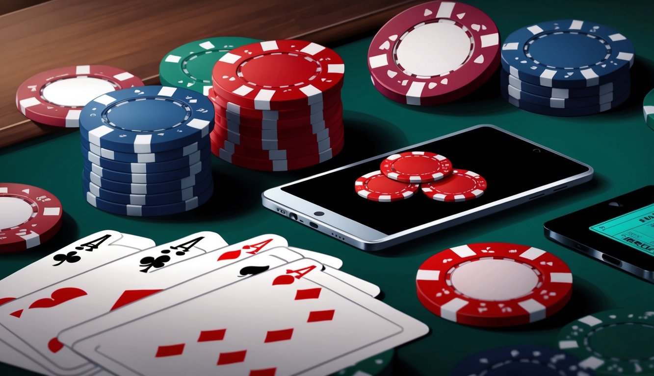 Sekelompok chip poker, kartu, dan perangkat digital di atas meja