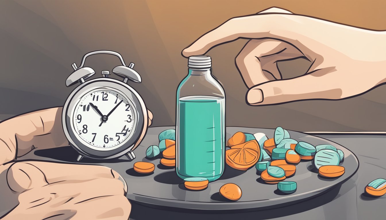 A person's hand reaching for a bottle of ibuprofen with a clock in the background showing the time for intermittent fasting