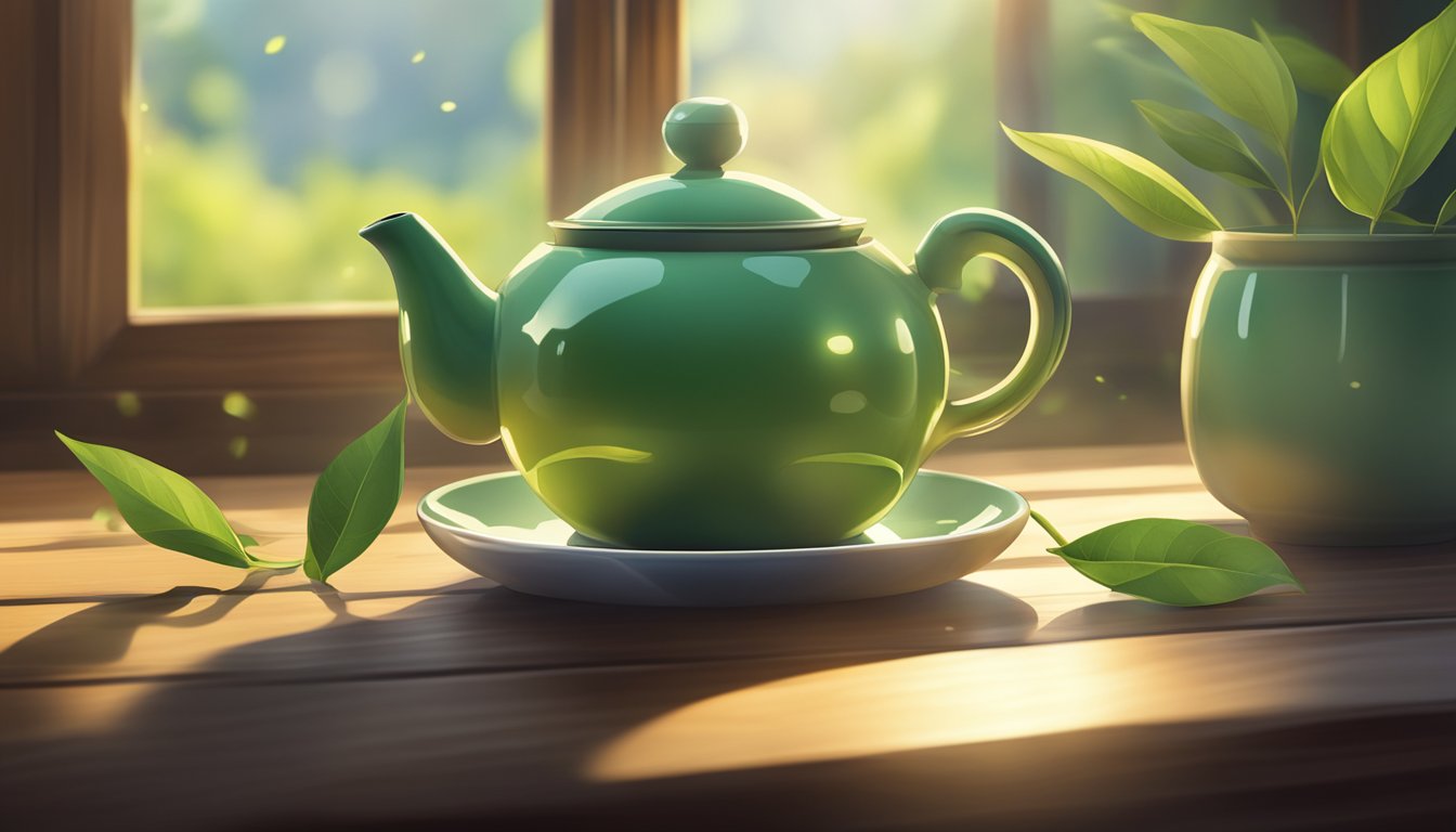 A steaming cup of green tea sits on a wooden table, surrounded by loose tea leaves and a teapot. The sunlight filters through a window, casting a warm glow on the scene