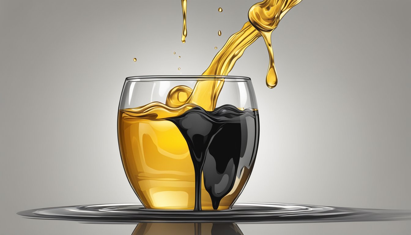 A clear glass of honey dripping into a swirling black liquid, representing the question of whether honey breaks intermittent fasting