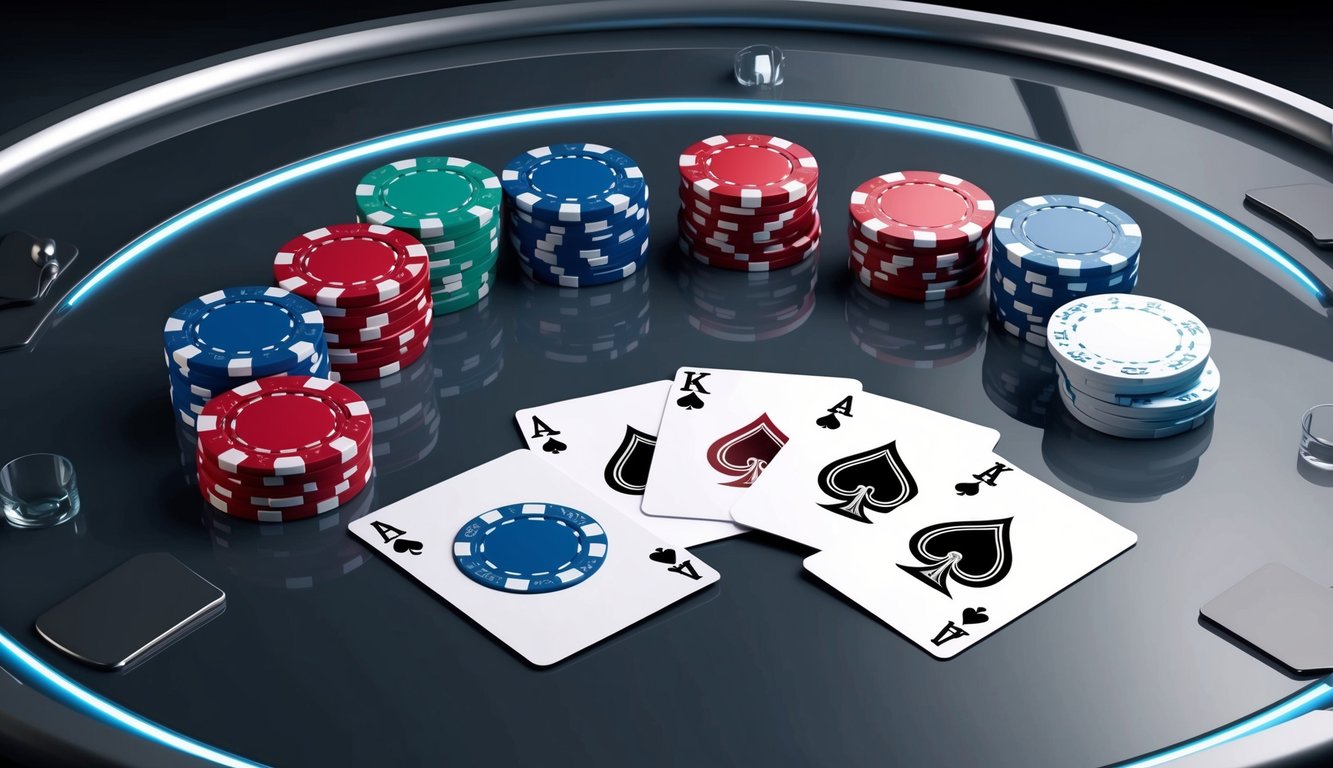 Sekelompok chip poker dan kartu yang disusun di atas meja modern yang ramping dengan suasana profesional dan mengundang