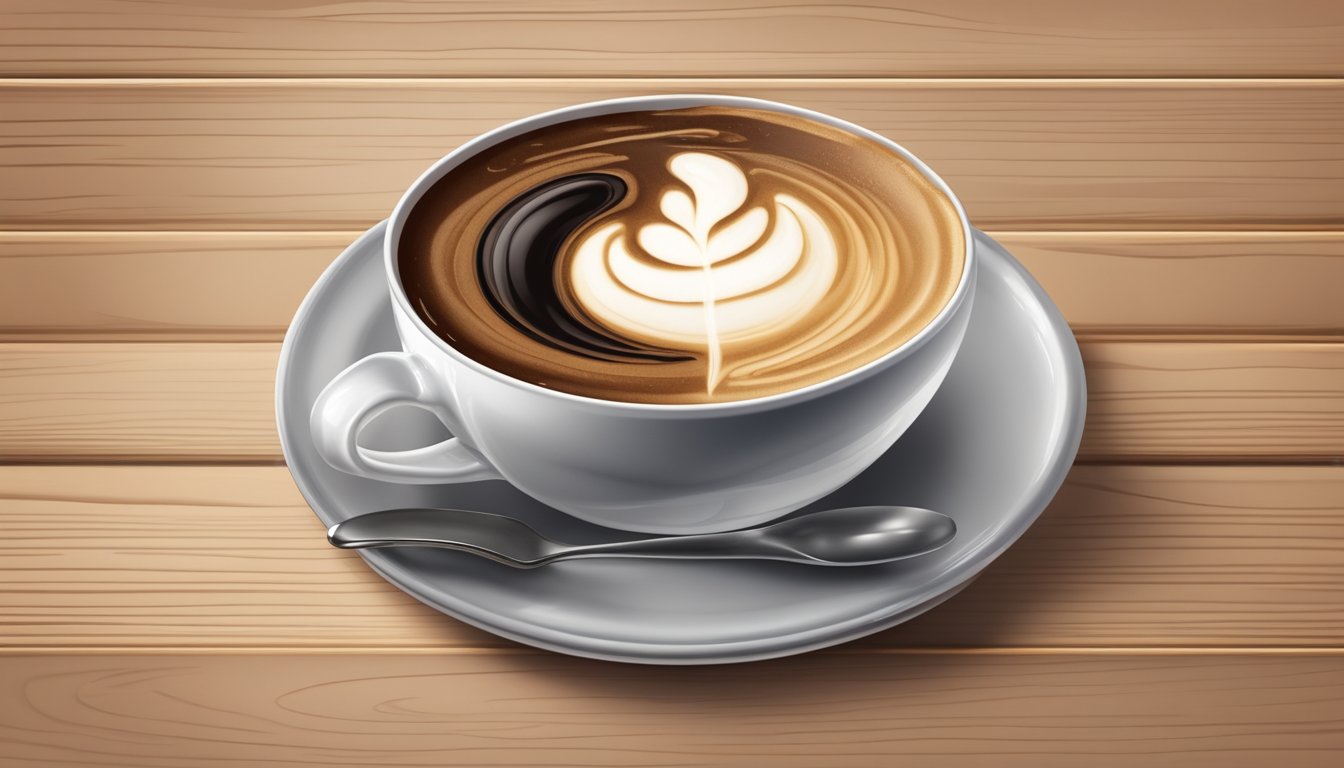 A clear glass of black coffee with a swirl of heavy cream, set on a wooden table with a simple white background