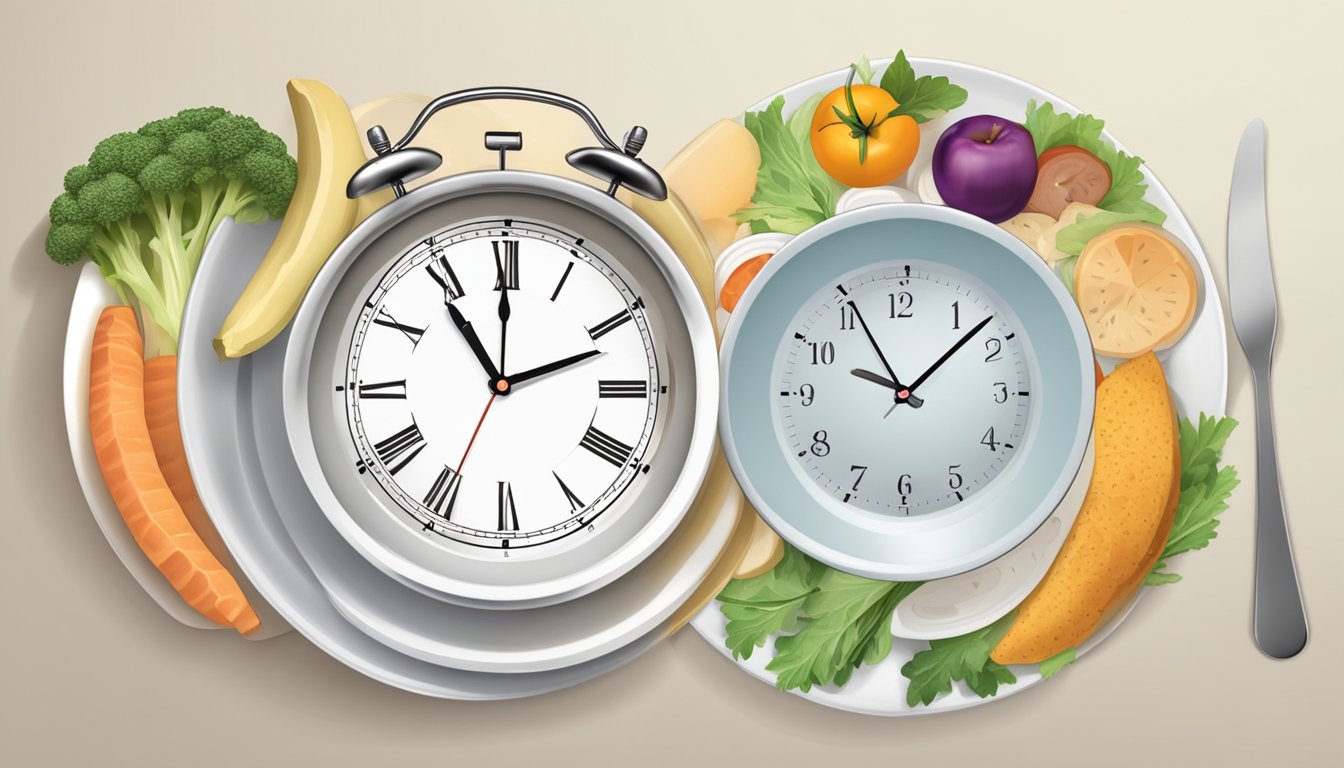 A clock showing different times of day with a plate of food and an empty plate to depict intermittent fasting and its effects on the body