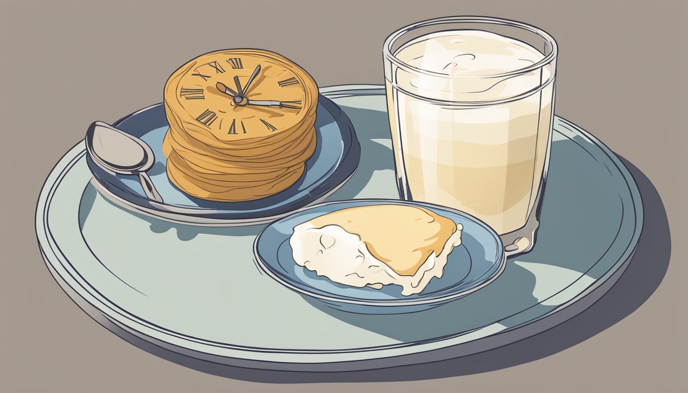 A glass of heavy cream sits next to a clock showing a time gap between meals