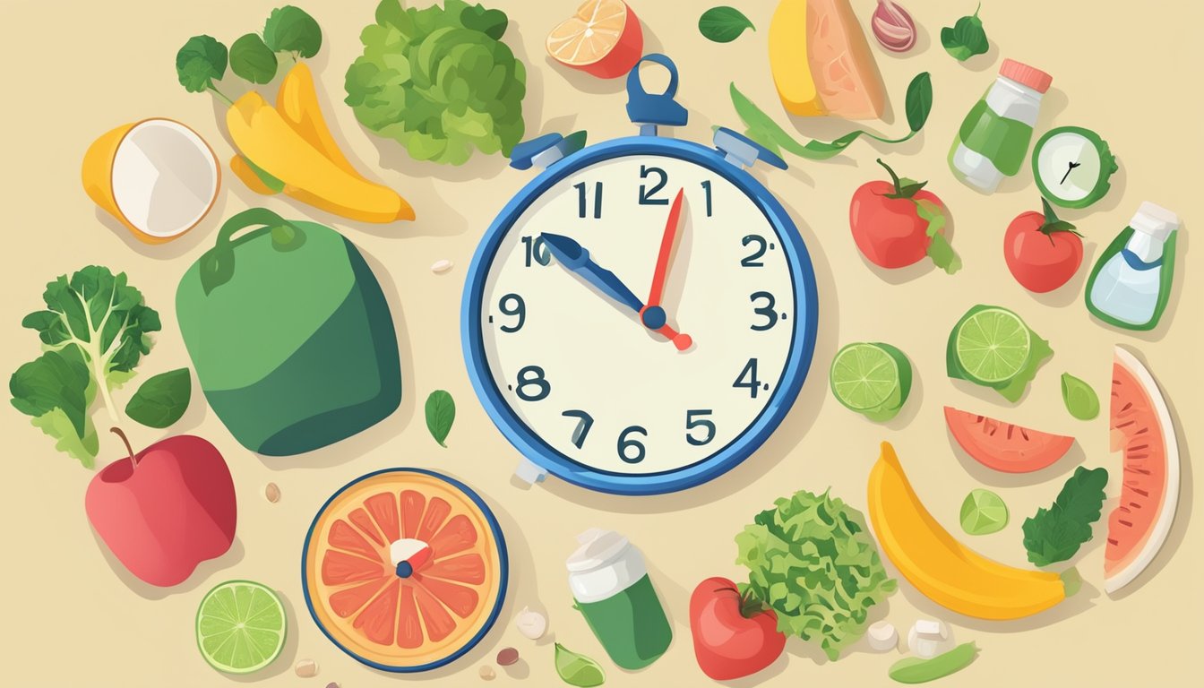 A clock showing the time window for eating and fasting, surrounded by healthy food and a measuring tape to symbolize weight loss