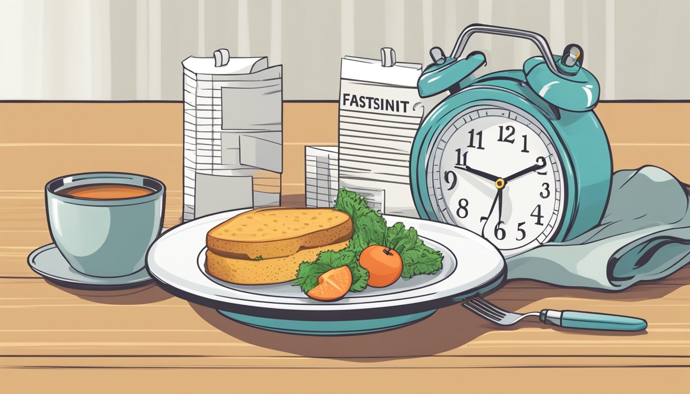 A clock and a plate of food on a table, with a calendar in the background, symbolizing the concept of intermittent fasting and its potential impact on fat burning