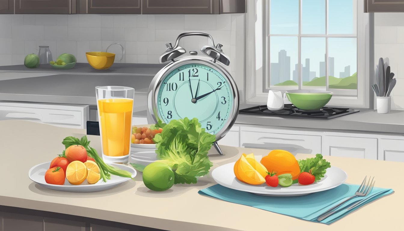 A kitchen counter with a clock showing the time between meals, a plate of healthy food, and a glass of water