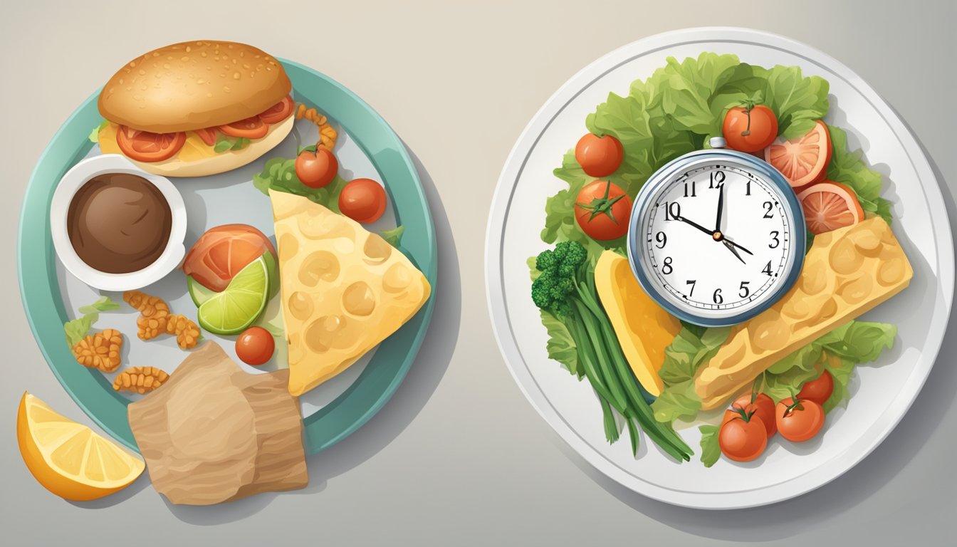 A clock with a plate of food, then a bloated stomach next to an empty clock