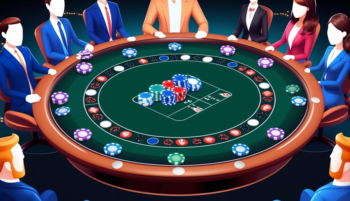 Sebuah meja poker digital dengan kartu dan chip, dikelilingi oleh avatar virtual dalam pengaturan online