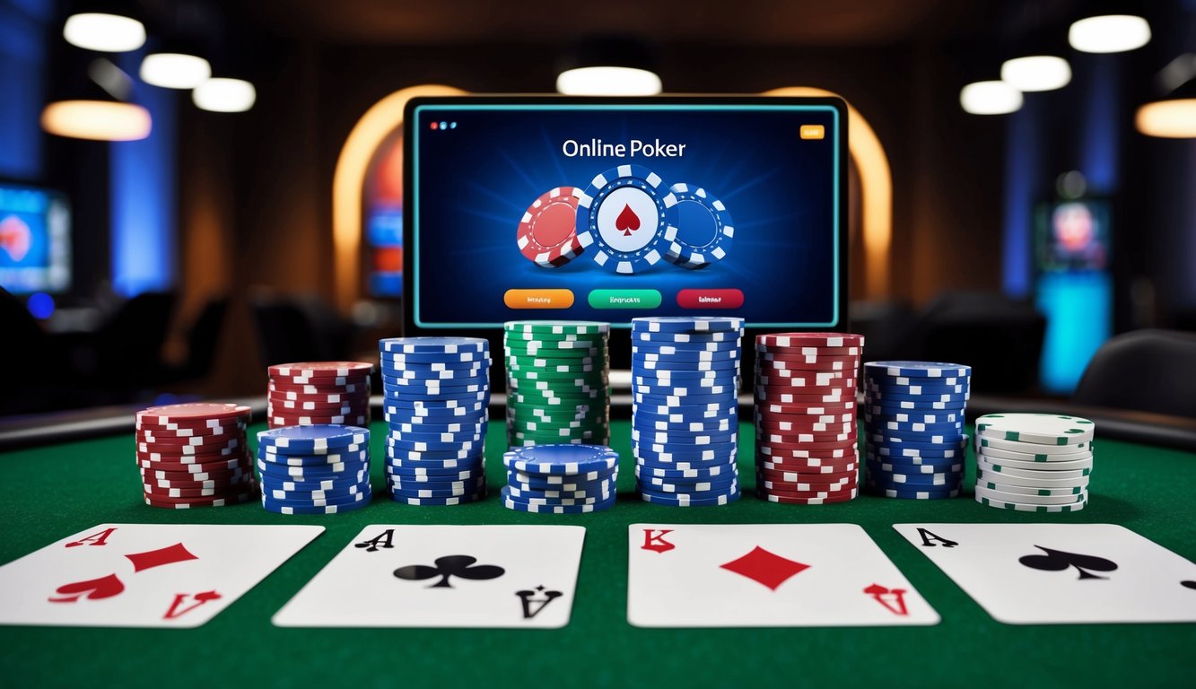 Sekelompok chip poker dan kartu yang diatur di atas meja felt hijau, dengan layar yang bersinar menampilkan permainan poker online di latar belakang