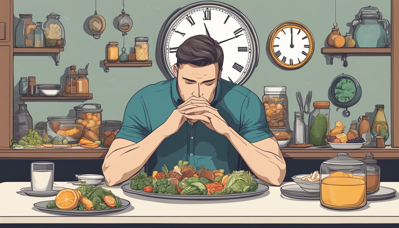 A man sits at a table, surrounded by various foods and a clock. He looks contemplative, weighing the risks and benefits of intermittent fasting for testosterone