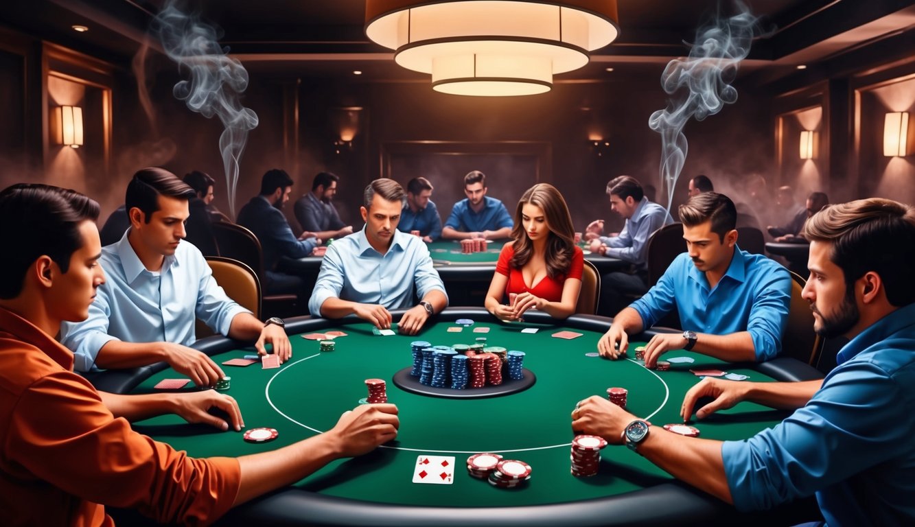 Sebuah meja poker yang ramai dengan pemain yang fokus pada kartu dan chip mereka, dikelilingi oleh ruangan yang redup dan berasap