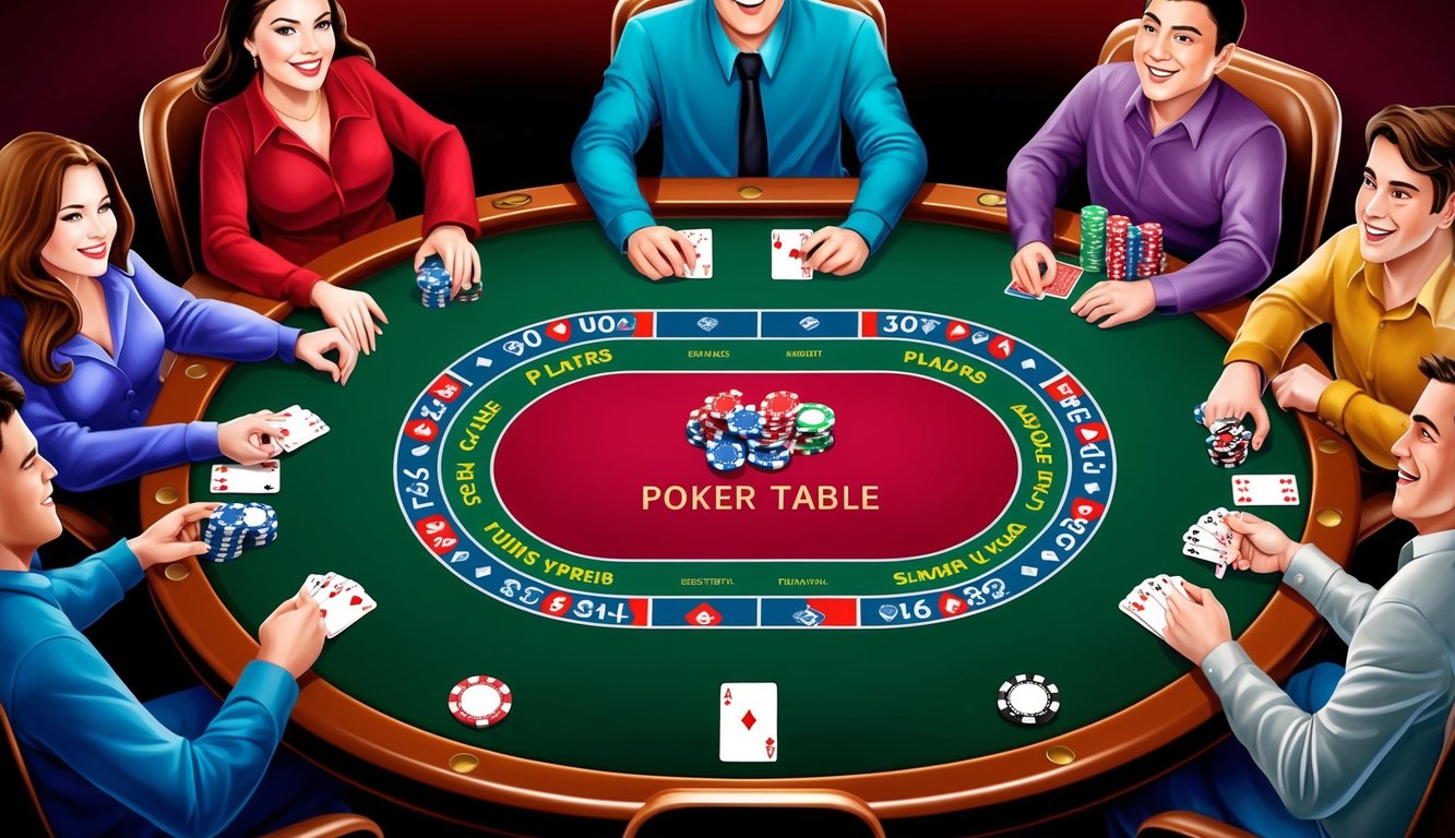 Sebuah meja poker berwarna-warni dengan chip dan kartu, dikelilingi oleh pemain yang antusias