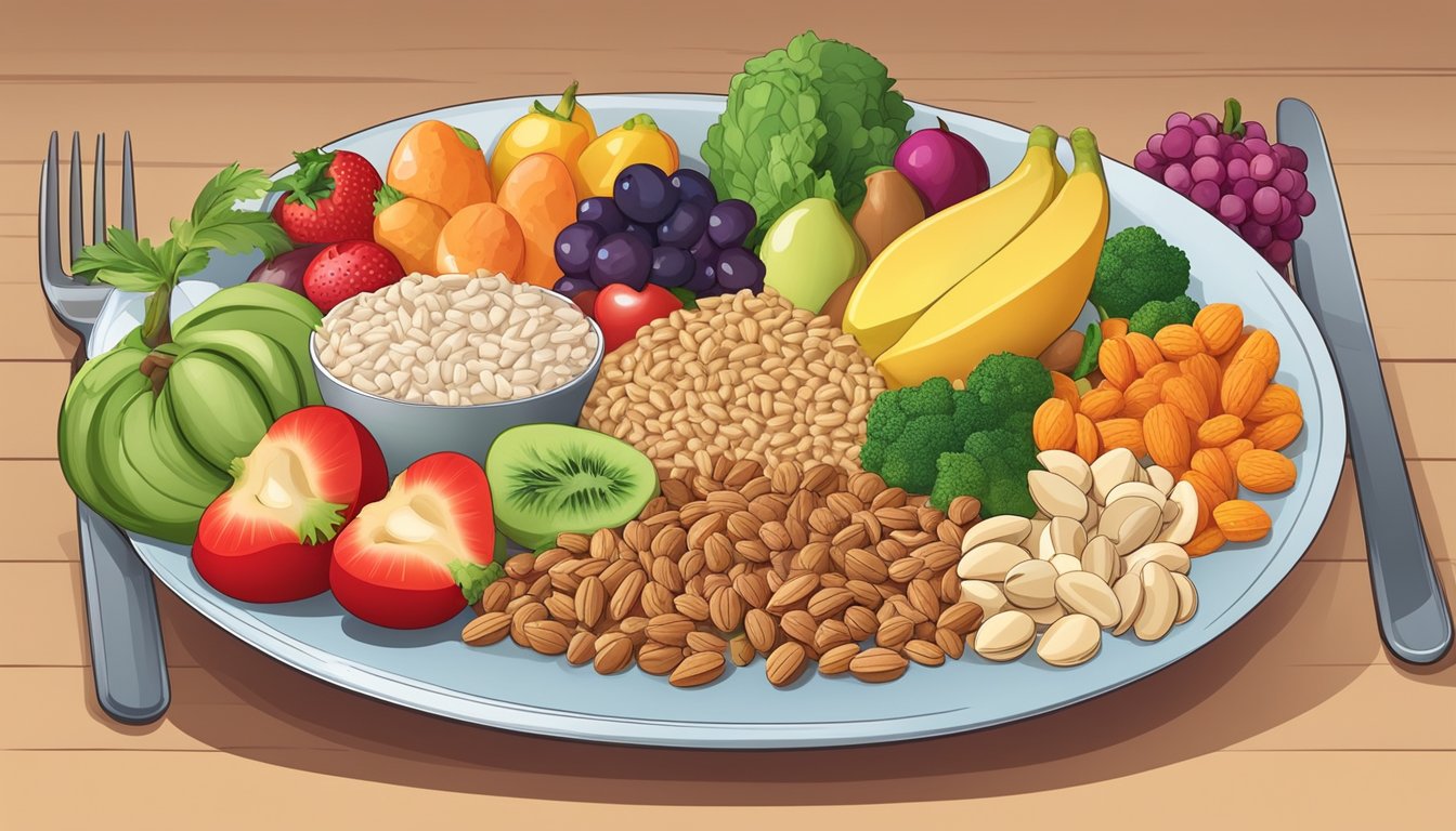 A plate with a balanced meal of lean protein, whole grains, and colorful vegetables, surrounded by various fruits and nuts