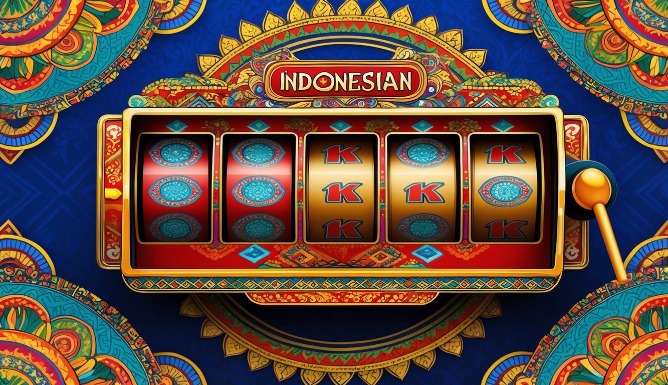 Mesin slot bertema Indonesia dikelilingi oleh pola dan simbol tradisional, dengan warna-warna cerah dan detail yang rumit