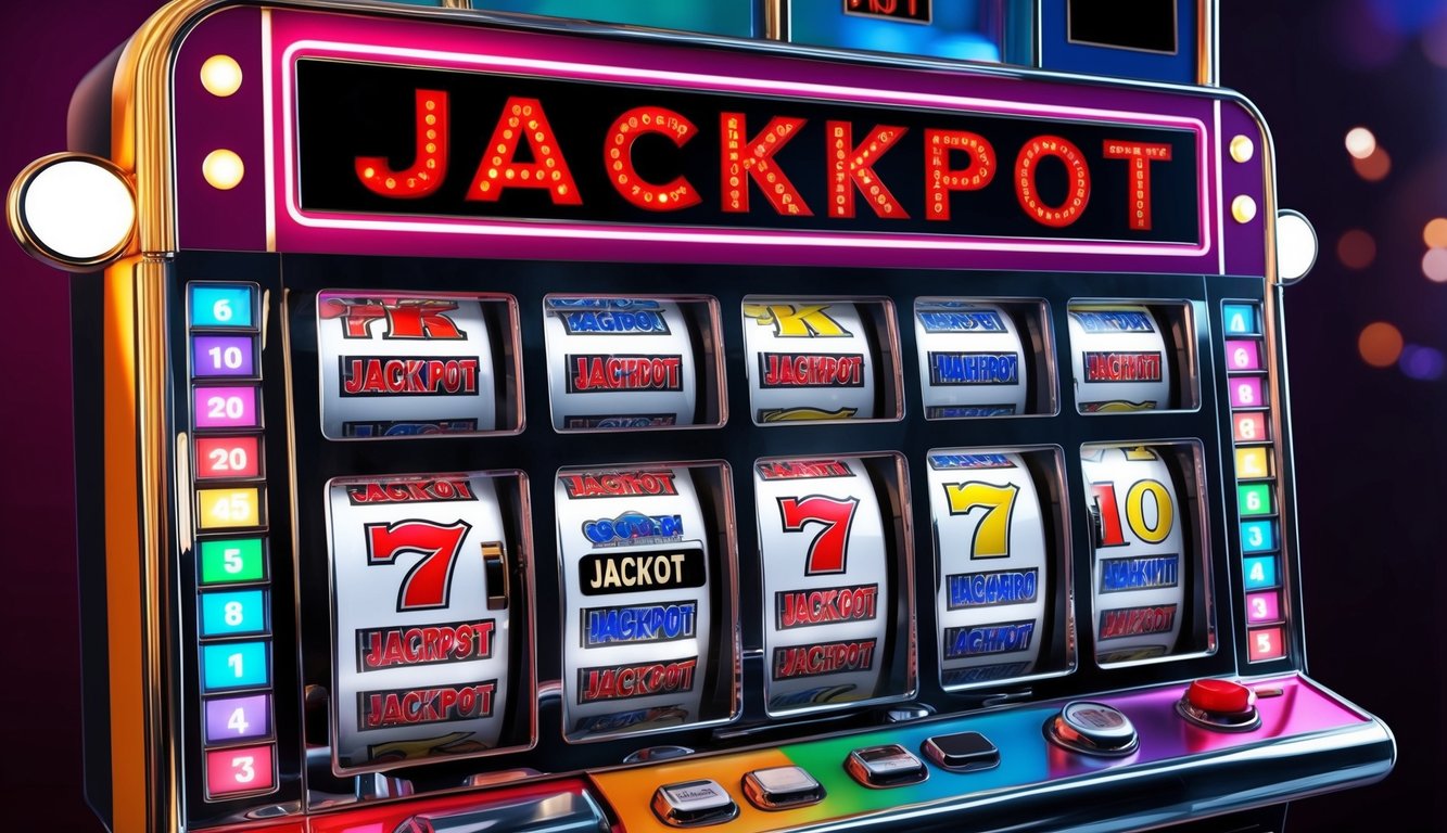 Sebuah mesin slot berwarna-warni dengan lampu berkedip dan tampilan jackpot besar