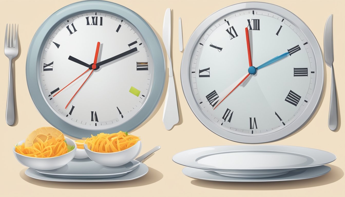 A clock showing different times throughout the day, with an empty plate and a full plate next to it, indicating the cycle of eating and fasting