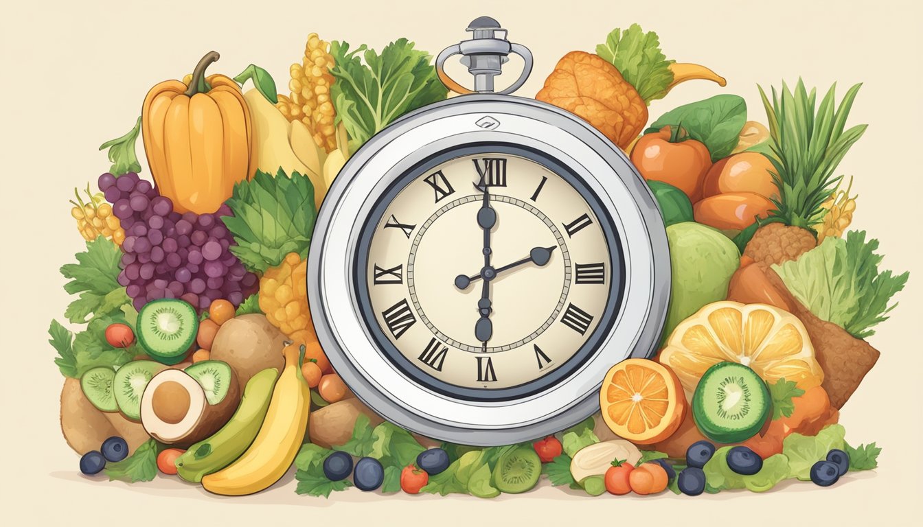 A clock set to specific eating times, surrounded by a variety of healthy foods and a stomach with a question mark above it