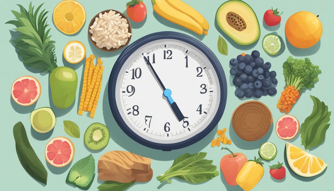 A person measuring their waist with a tape measure, surrounded by various healthy food options and a clock indicating intermittent fasting