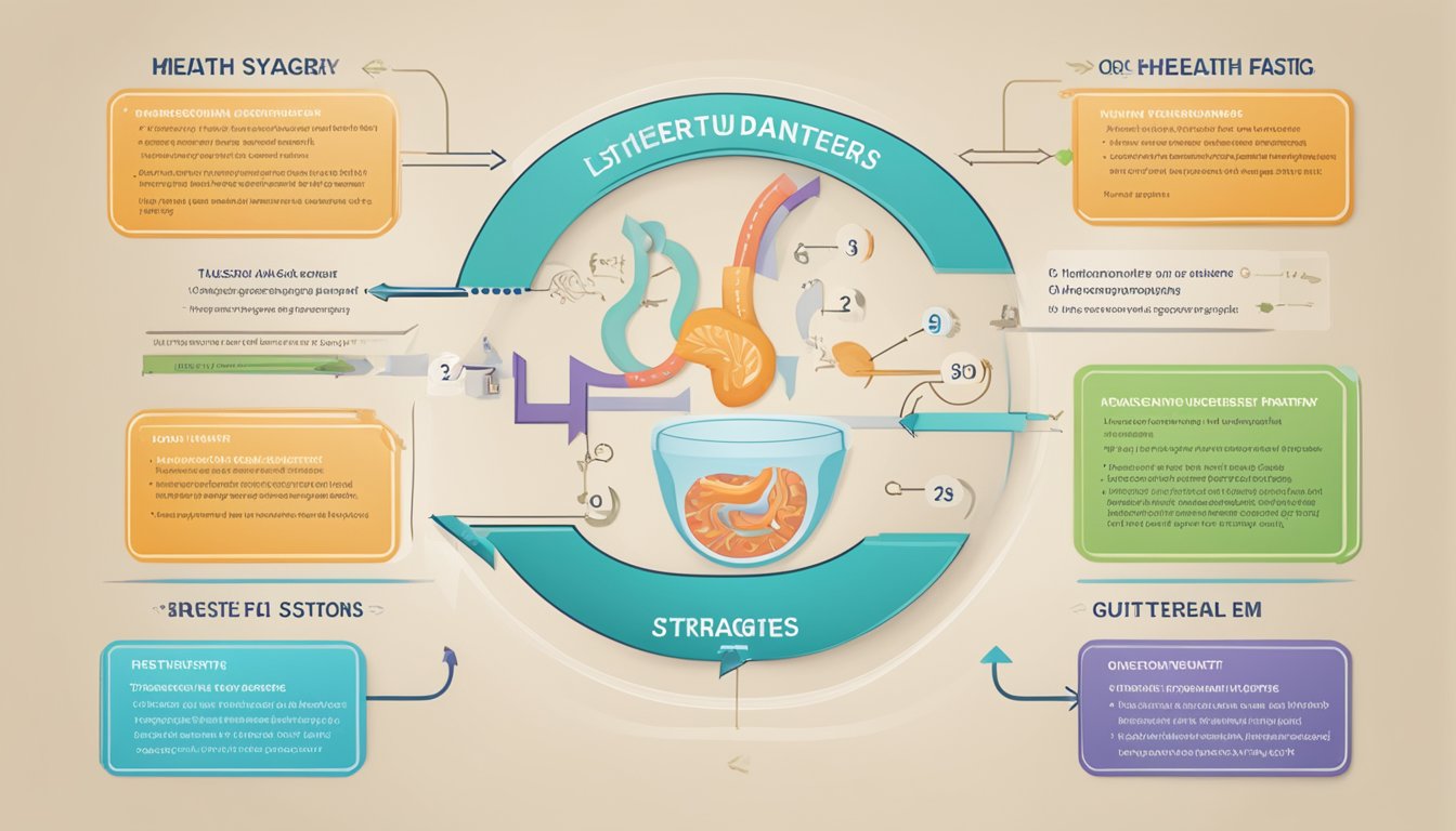 A diagram showing the digestive system with arrows pointing to different strategies for gut health, including intermittent fasting and a question mark next to ulcers