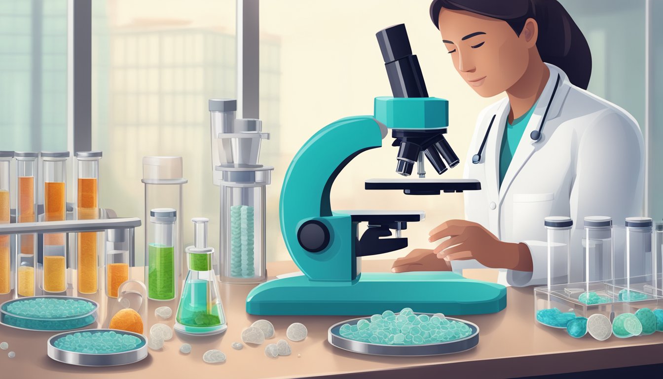 A lab setting with a microscope and petri dishes, showing a sample of stomach tissue and a research study on the effects of intermittent fasting on ulcer development