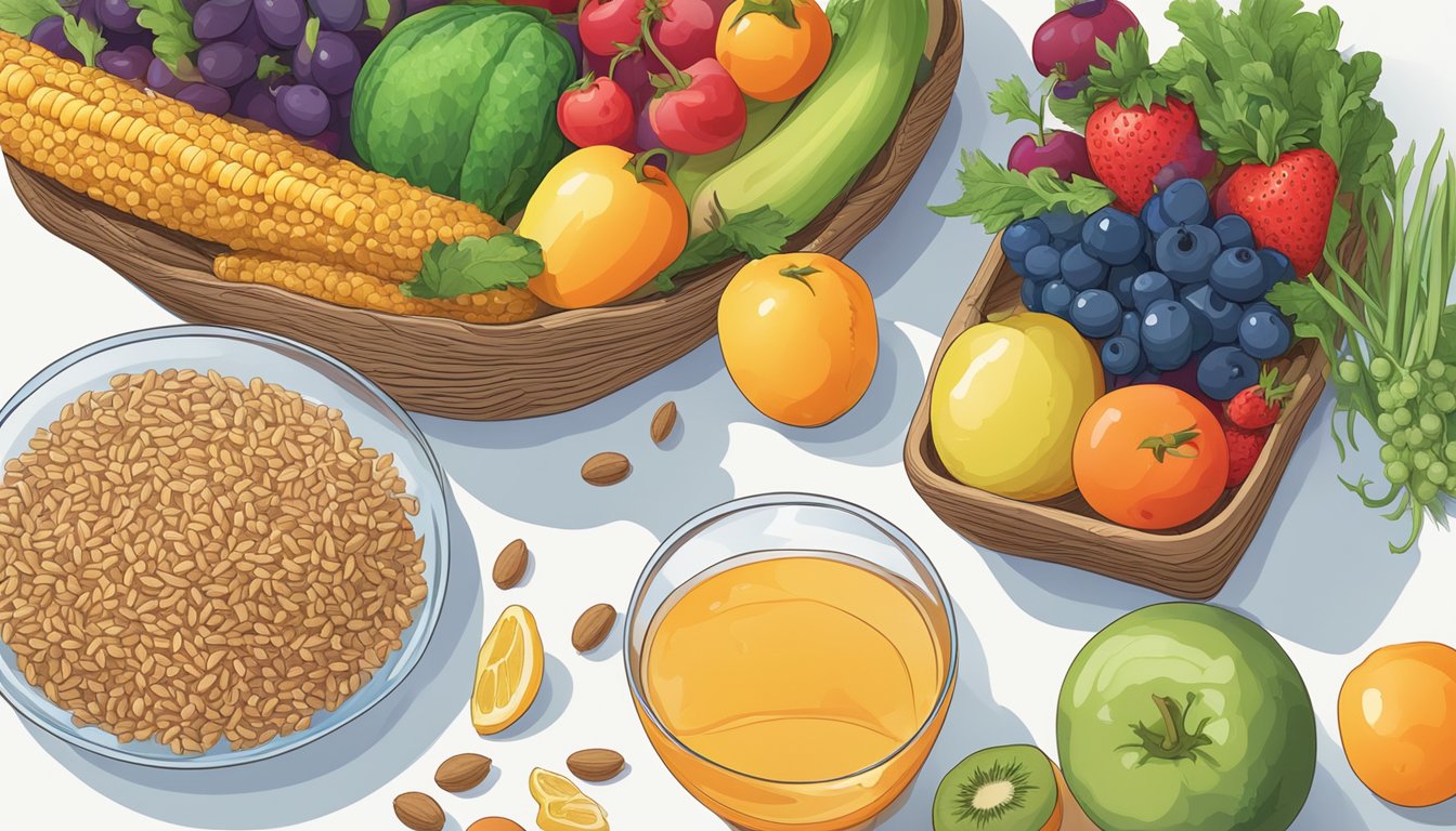 A table filled with colorful fruits, vegetables, and whole grains, with a clear glass of water nearby