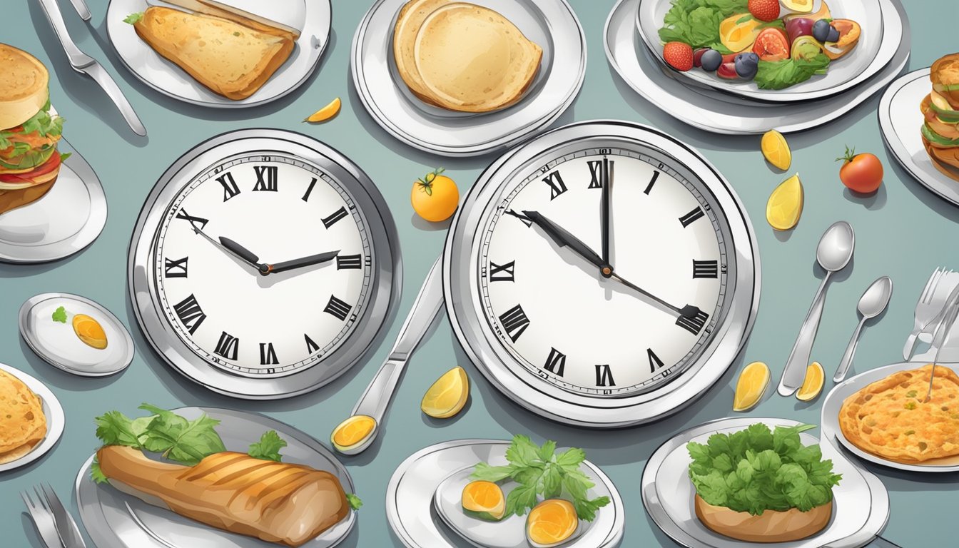 A clock showing different times throughout the day with empty plates and uneaten food