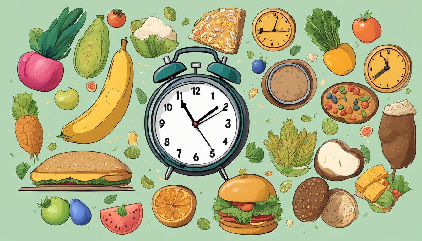 A clock showing different times throughout the day, surrounded by various healthy and unhealthy food items