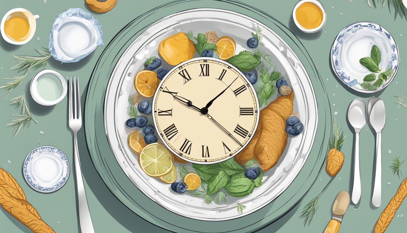 A clock with hands frozen at 12 and 6, surrounded by empty plates and untouched food