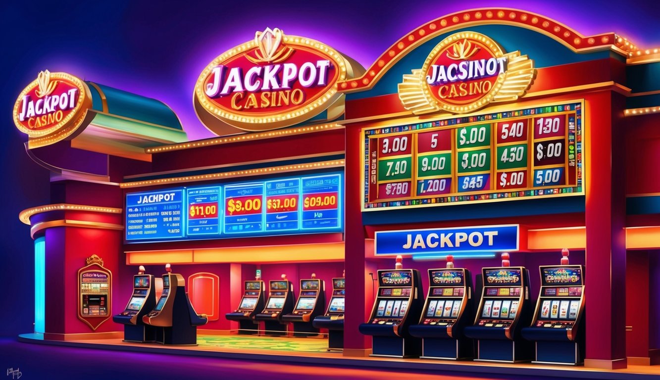 Sebuah kasino yang terang benderang dengan tanda berwarna-warni dan tampilan jackpot besar